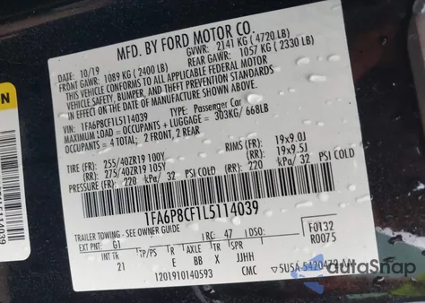 2020 Ford Mustang Gt Fastback z USA, uszkodzony, nr VIN 1FA6P8CF1L5114039